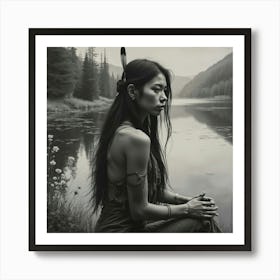 Native American Female By A Lake Charcoal 1 Art Print