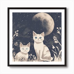 Two Cats Under The Moon Art Print