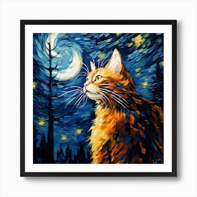 Starry Night, Van Gogh Inspired Cat Art Print Art Print