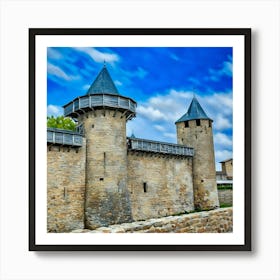 Medieval Castle Wall in Carcassonne Cite Medieval. The image showcases a section of a medieval castle wall, featuring two imposing stone towers with conical roofs. The towers are connected by a thick stone wall, topped with a wooden walkway. The wall is constructed from rough-hewn stones, giving it a rugged and ancient appearance. The towers have narrow windows and are topped with wooden structures, suggesting they were once used for defense. Art Print