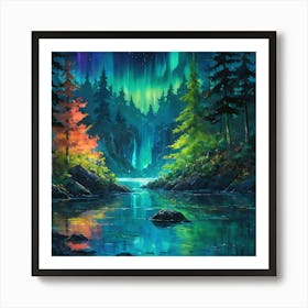 Enchanting Northern Lights Over Serene Forest Lake at Twilight Art Print