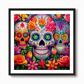 Maraclemente Many Sugar Skulls Colorful Flowers Vibrant Colors 5 Art Print