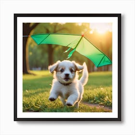 Puppy Playing With A Kite Art Print