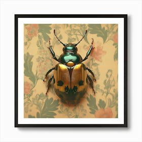 Vintage gold beetle on wallpaper Art Print