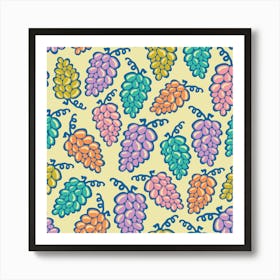 JUICY GRAPES Retro Tossed Plump Ripe Bunches of Grapes in Summer Pink Purple Turquoise Mustard Orange Royal Blue on Cream Art Print