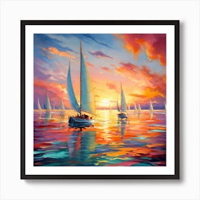 Sailboats At Sunset 16 Art Print