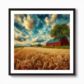 Red Barn In Wheat Field 1 Art Print