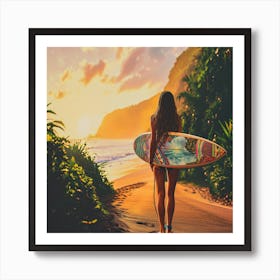 Surfer Girl At Sunset Art Print