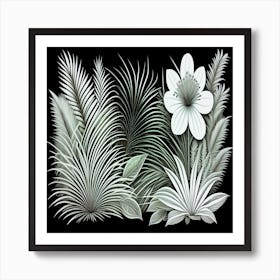 A black and white floral background with leaves and flowers. Art Print