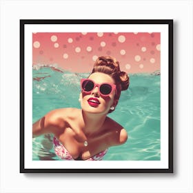 Poolside Vintage Girl In Pink Swimsuit Art Print