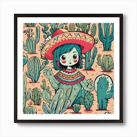 Mexican Girl With Cactus 2 Art Print