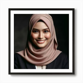 A photo of a young woman wearing a hijab and a black suit with a white blouse underneath, with a warm smile on her face and a confident expression in her eyes, against a dark background Art Print