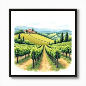 Picturesque Watercolor Of A Tuscan Vineyard With Rolling Hills And Distant Mountains 1 Art Print