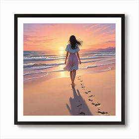 Alone Girl At Beach Ocean With Sunset Art Print (2) Art Print