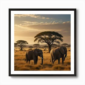 A Sunlit Savanna With Acacia Trees, Golden Grasslands, And A Herd Of Elephants Art Print