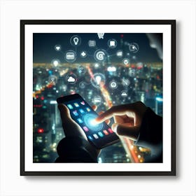 Man Using Smartphone At Night Art Print