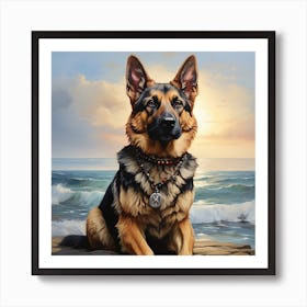 German Shepherd Dog Art on The Beach Art Print