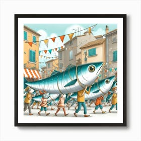 A Whimsical Sardine Parade Through A Mediterranean Village, Style Cartoon Illustration 1 Art Print