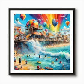 Rainbow Sky Above Hot Air Balloons And Beachside Playground Art Print
