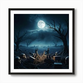 Gothic Style Illustration Skeletal Hands Breaking Through The Soil Full Moon Casting An Eerie Glow 2 Art Print