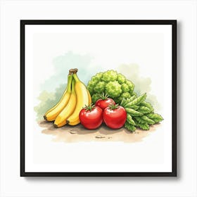 Elegant Watercolor Composition Of Fresh Produce With A Serene Background 1 Art Print