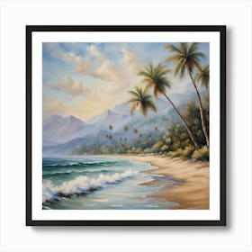 Palm Trees On The Beach,A Tranquil Beach Scene With Palm Trees And Gentle Waves art print Art Print