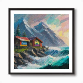 Acrylic and impasto pattern, mountain village, sea waves, log cabin, high definition, detailed geometric 6 Art Print