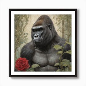 Gorilla With Rose Art Print