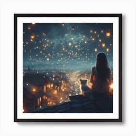Little girl and her little dog looking at the night sky together 2 Art Print