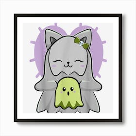 Cute Anime Ghost And Goth Cat Horror Boo For Halloween Art Print