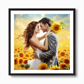 Couple In Sunflower Field. Art Print