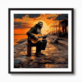 Man Playing Guitar At Sunset Art Print