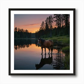 Horse Standing In Water At Sunset 1 Art Print