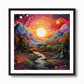 Sunset Over The Valley, Abstract, Colorful, Psychedelic Style Art Art Print