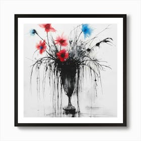 Flowers In A Vase Stephen Gammell style, dessin, aquarelle, aquarelles, noir et blanc et rouge , de marais, de sombres créatures, dégoulinant, pink and blue flowers in a vase placed on a table2 Art Print