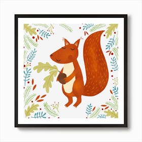 Squirrel In The Forest with Acorn Art Print