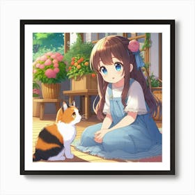 Anime Girl And Cat Art Print