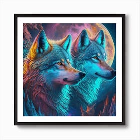 Two Wolves In Front Of The Moon 1 Art Print