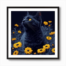 Black Cat In Flowers 1 Art Print