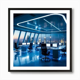 Corporate Office Interior With Sleek High Tech Workstations Utilizing Cyber Intelligence Technology (1) 2 Art Print