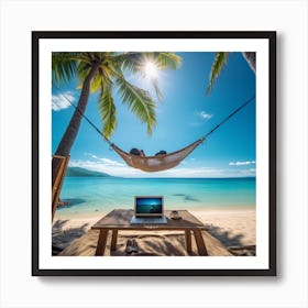 Hammock On The Beach With Laptop Art Print