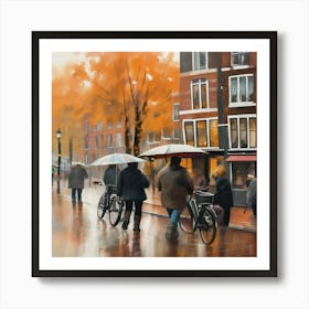 2Amsterdam cafes, autumn season, rain, autumn oil colours.Faded colours,People passing on the street, winter clothes, rain umbrellas. Art Print