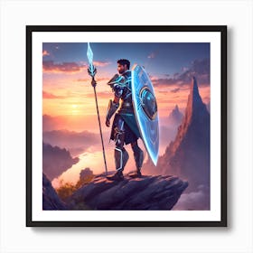 Warrior Standing On Top Of A Mountain Art Print