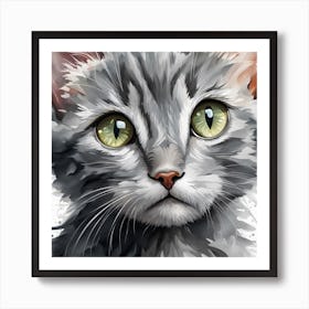 Gray Kitten Painting Digital Watercolor Portrait Art Print