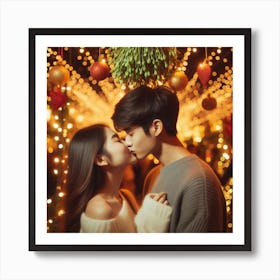 Couple Kissing At Christmas Art Print