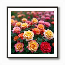 A Vibrant Rose Garden In Full Bloom, Showcasing Various Colors Of Roses 4 Art Print