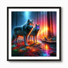 Mystical Forest Wolves Seeking Mushrooms and Crystals 9 Art Print