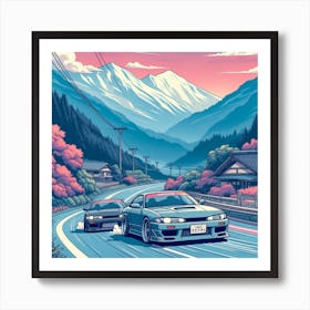 Japanese cars drifitng down a mountain pass Art Print