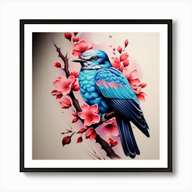 Blue Bird With Cherry Blossoms Art Print