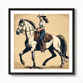 Cowgirl On Horse Vintage Poster 4 Art Print